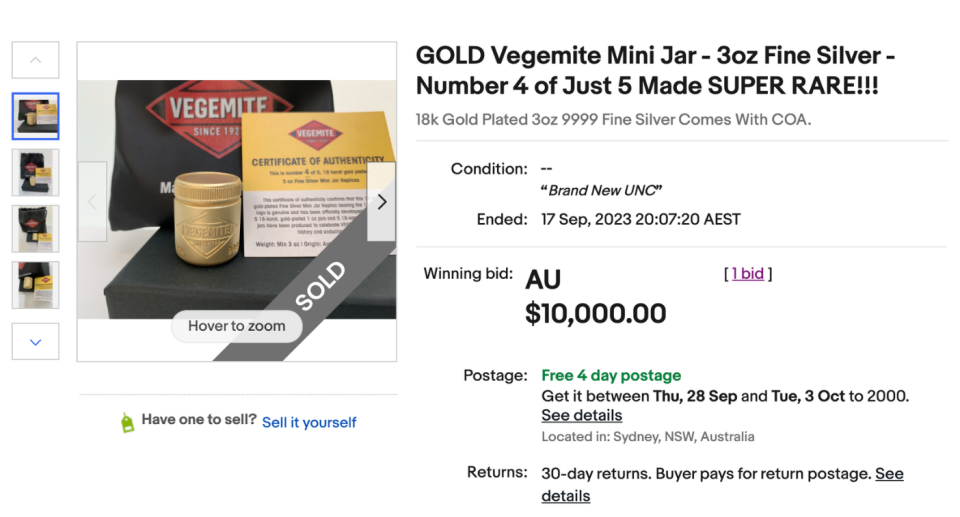 Vegemite jar sold on eBay