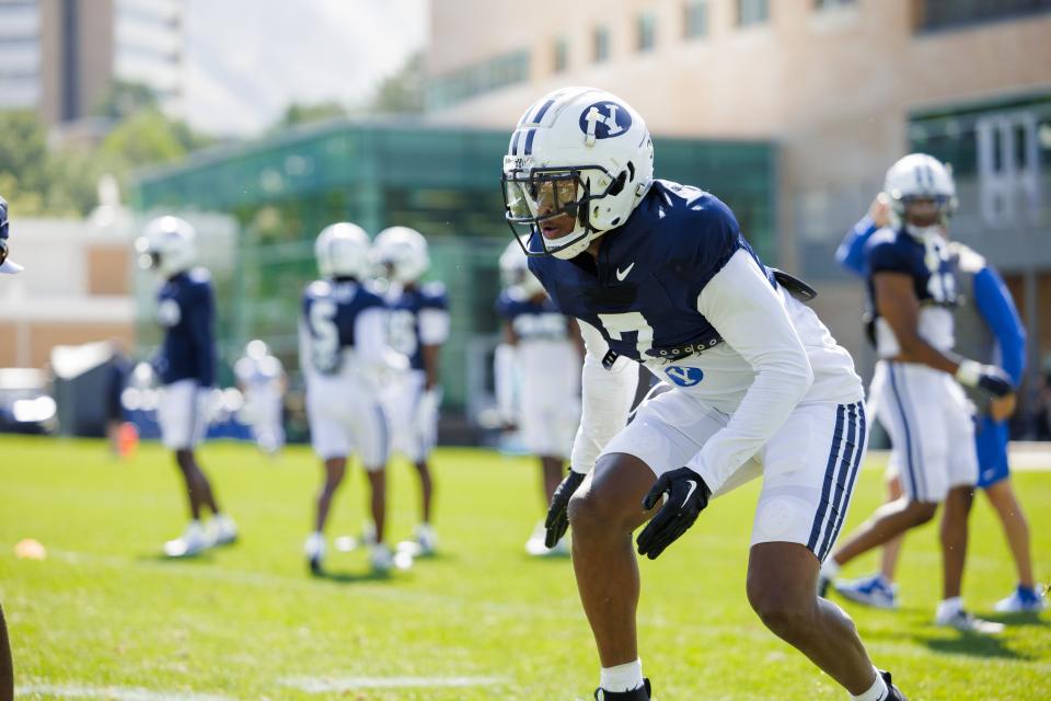 BYU cornerback Kamden Garrett goes through drills at practice in Provo on Monday, Aug. 7, 2023. | BYU Photo