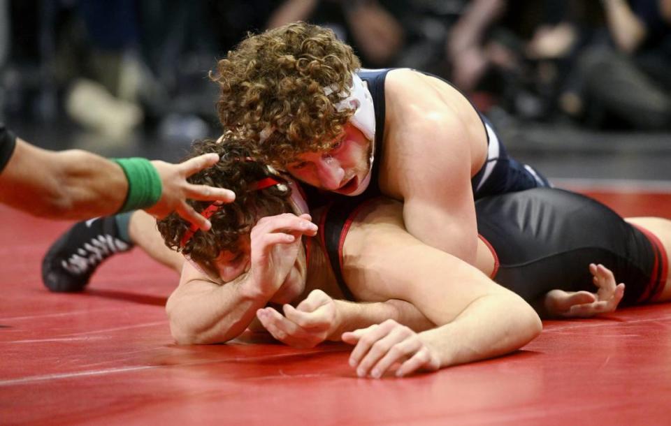 Penn State’s Mitchell Mesenbrink controls Wisconsin’s Dean Hamiti in the 165 lb championship bout of the Big Ten Wrestling tournament at the Xfinity Center at the University of Maryland on Sunday, March 10, 2024. Abby Drey/adrey@centredaily.com