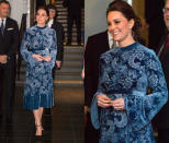 <p><strong>When: Jan. 31, 2018</strong><br>Kate Middleton stunned on day 2 of her royal tour of Sweden on Wednesday. She ended the evening in style at a reception held at Stockholm’s Fotografiska Gallery. She swept her thick locks up into a stylish updo and wore a stunning Christina Devore velvet midi dress by Erdem ($2,690 USD/$3,313.95 CAD). The long sleeved number features a mock high neckline, a banded waist and a slimming A-line silhouette — and yes, the dress is already sold out. <em>(Photos: Getty)</em> </p>