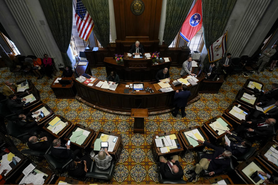 Lt. Gov. Randy McNally, center, presides over the Senate during a legislative session Thursday, April 25, 2024, in Nashville, Tenn. (AP Photo/George Walker IV)