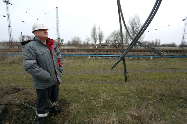 Ruslan Kolesov, Director of transport at the Avdiivka Coke and Chemical Plant, examines power lines damaged by shelling between Ukrainian forces and the Russian-backed rebels near Avdiivka, in March 2017