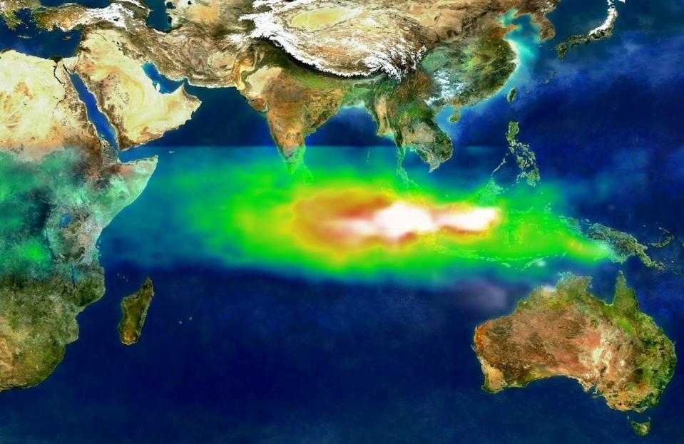 A satellite captured the extent of smoke (white) over Indonesia and the Indian Ocean on Oct. 22, 1997. Green, yellow and red reflect increasing amounts of ozone, or smog. <a href="https://earthobservatory.nasa.gov/images/1260/nasa-satellite-tracks-hazardous-smoke-and-smog-partnership" rel="nofollow noopener" target="_blank" data-ylk="slk:NASA GSFC Scientific Visualization Studio;elm:context_link;itc:0;sec:content-canvas" class="link ">NASA GSFC Scientific Visualization Studio</a>