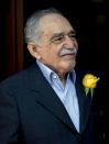 FILE - In this March 6, 2014 file photo, Colombian Nobel Literature laureate Gabriel Garcia Marquez greets fans and reporters outside his home on his 87th birthday in Mexico City. Garcia Marquez died Thursday April 17, 2014 at his home in Mexico City. The author's magical realist novels and short stories exposed tens of millions of readers to Latin America's passion, superstition, violence and inequality. (AP Photo/Eduardo Verdugo, File)