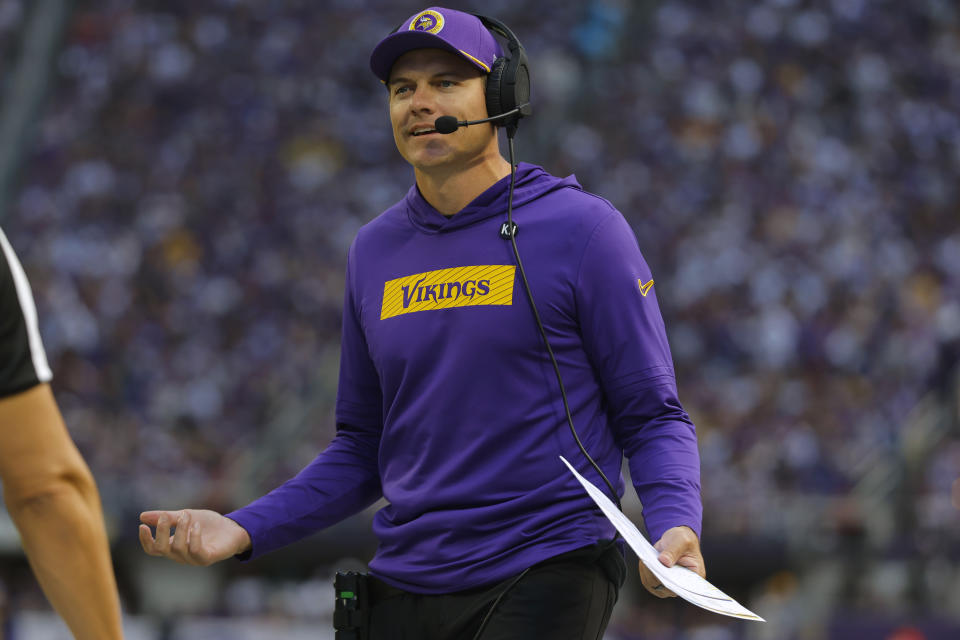 Minnesota Vikings head coach Kevin O'Connell questions a call during the first half of an NFL football game against the Houston Texans, Sunday, Sept. 22, 2024, in Minneapolis. (AP Photo/Bruce Kluckhohn)