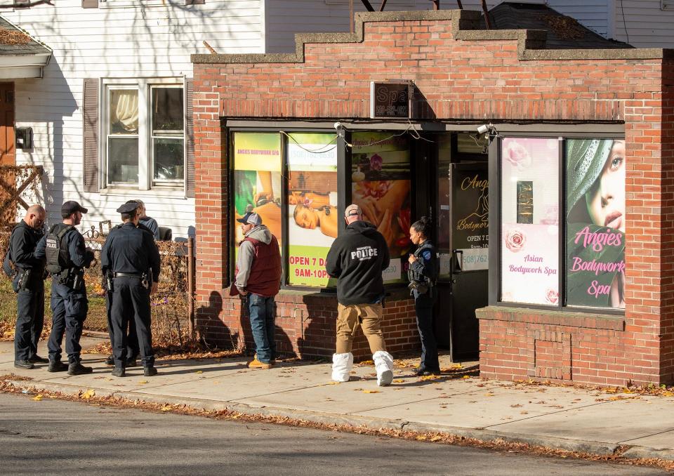 Worcester investigators at Angies Bodywork Spa Thursday morning.