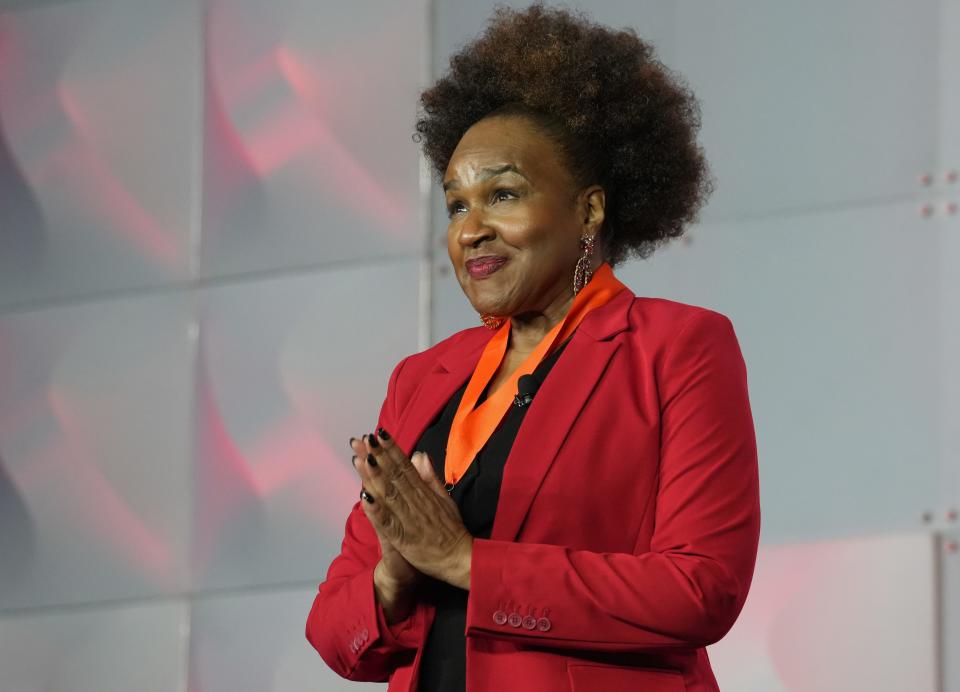 Honoree Elaine Richardson of the Ohio State College of Education and Human Ecology gives thanks Thursday during the 2024 YWCA Women of Achievement celebration.