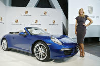 STUTTGART, GERMANY - APRIL 22: Tennis player Maria Sharapova poses for the media as she is unveiled as car manufacturer Porsche's new brand ambassador at the Porsche Museum on April 22, 2013 in Stuttgart, Germany. (Photo by Thomas Niedermueller/Getty Images)