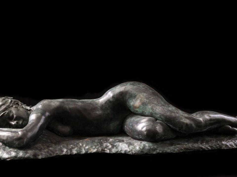 This plaster sculpture of a woman reclining is three-quarters life size and has been missing since April 7.  (Chippie Kennedy/Facebook - image credit)