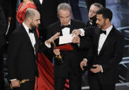FILE - "La La Land" producer Jordan Horowitz, left, presenter Warren Beatty, center, and host Jimmy Kimmel right, look at an envelope announcing "Moonlight" as best picture at the Oscars on Sunday, Feb. 26, 2017, in Los Angeles. It was originally announced mistakenly that "La La Land" was the winner. (Photo by Chris Pizzello/Invision/AP, File)