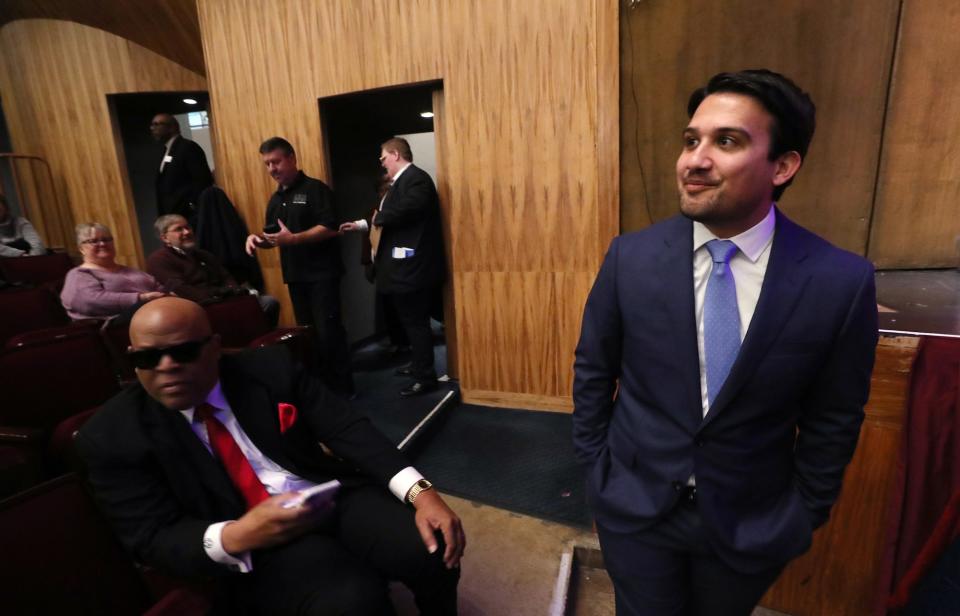 Akron Mayor Shammas Malik looks over the audience before his ceremonial swearing-in as mayor during a public ceremony at EJ Thomas Hall on Saturday.