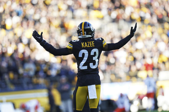 Pittsburgh Steelers safety Damontae Kazee (23) celebrates after his interception during the second half of an NFL football game against the Cleveland Browns in Pittsburgh, Sunday, Jan. 8, 2023. (AP Photo/Matt Freed)