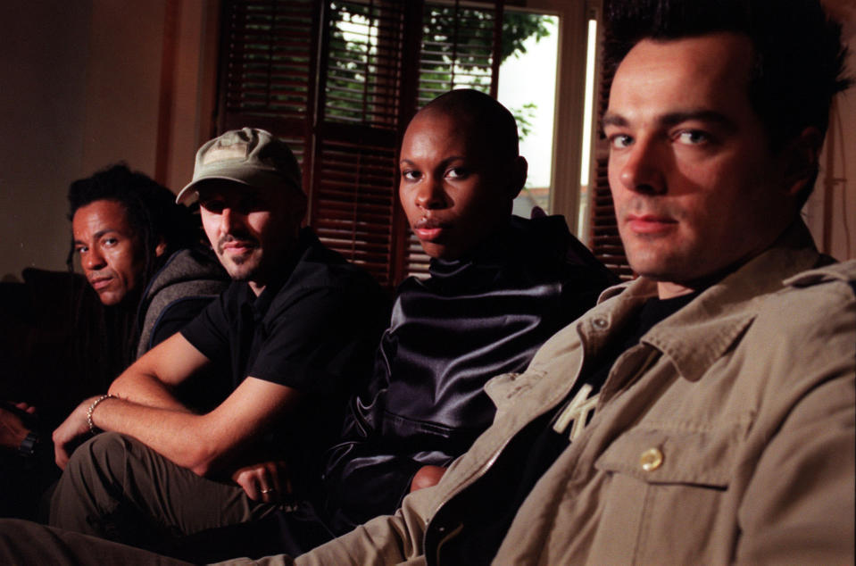 The rock group Skunk Anansie make a webcast, as they chat live to fans over the internet on the Virgin website the-raft.com. L-R: Cass, Ace, lead singer Skin and Mark.   (Photo by Michael Walters - PA Images/PA Images via Getty Images)