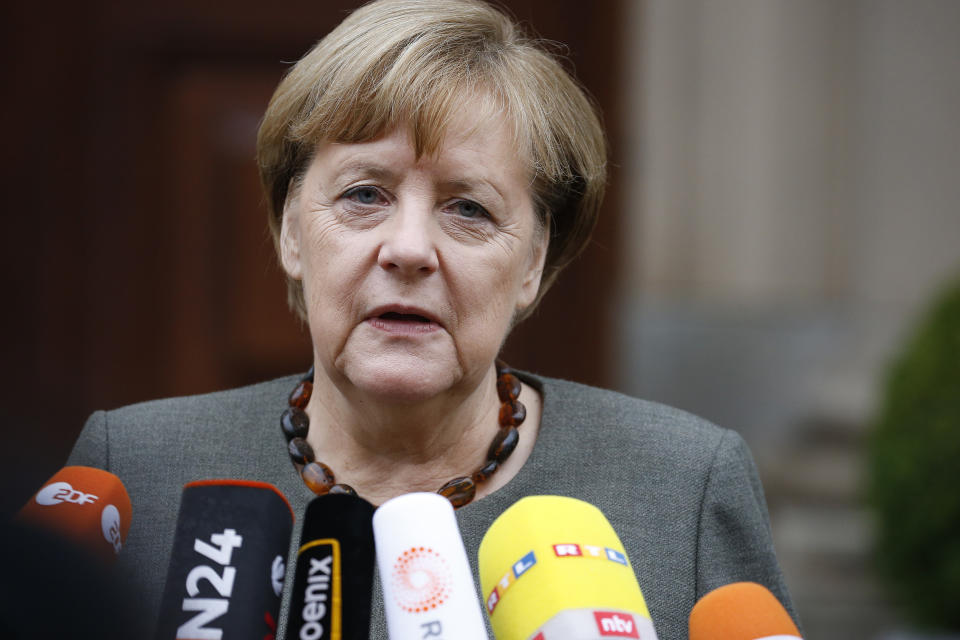 German Chancellor Angela Merkel addresses reporters on Nov. 16.&nbsp; (Photo: Axel Schmidt / Reuters)