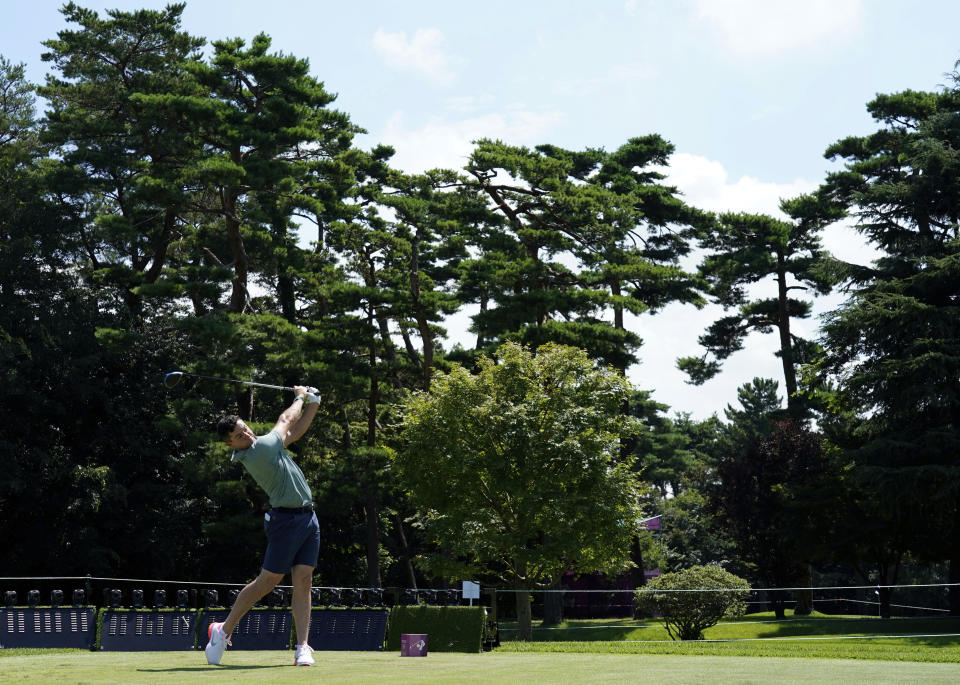 Ireland's Rory McIlroy watches his tee shot on the 12th hole during practice round of the men's golf event at the 2020 Summer Olympics, Tuesday, July 27, 2021, at the Kasumigaseki Country Club in Kawagoe, Japan, (AP Photo/Matt York)