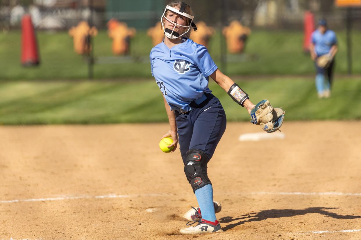 Abigale Stewart (21) delivers a pitch during Central Valley's WPIAL Class 3A matchup with Beaver Falls Tuesday afternoon.