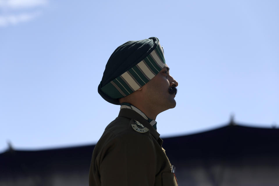 An Indian soldier stands during the Bastille Day military parade Friday, July 14, 2023 in Paris. India is the guest of honor at this year's Bastille Day parade, with Prime Minister Narendra Modi in the presidential tribune alongside French President Emmanuel Macron. (AP Photo/Aurelien Morissard)