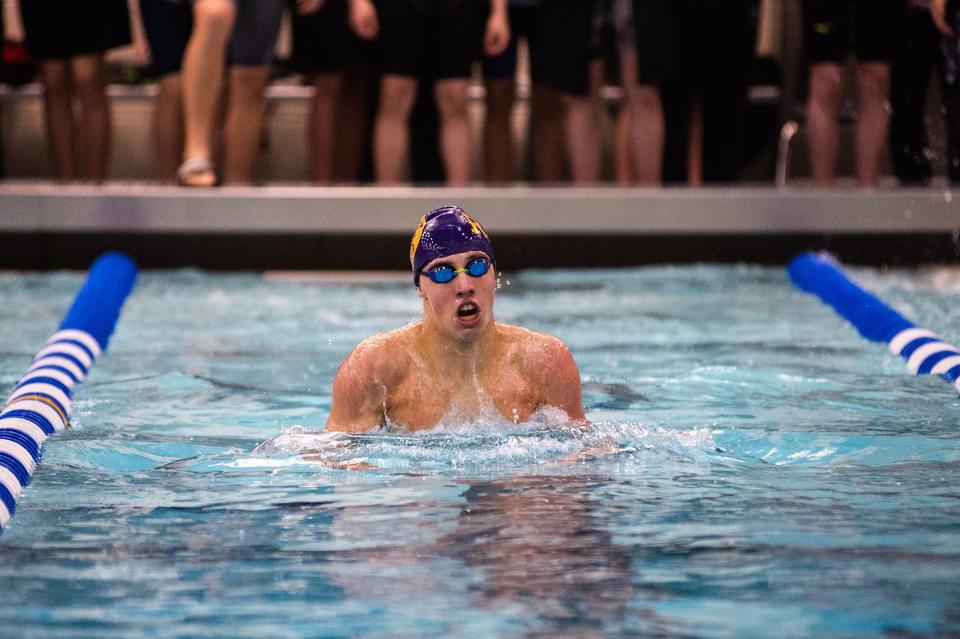 Rhinebeck's Finn Quested competes in the 200-yard individual medley during the Section 9 boys' swimming championships in Montgomery on Saturday, Quested won the title. KELLY MARSH/For the Times Herald-Record