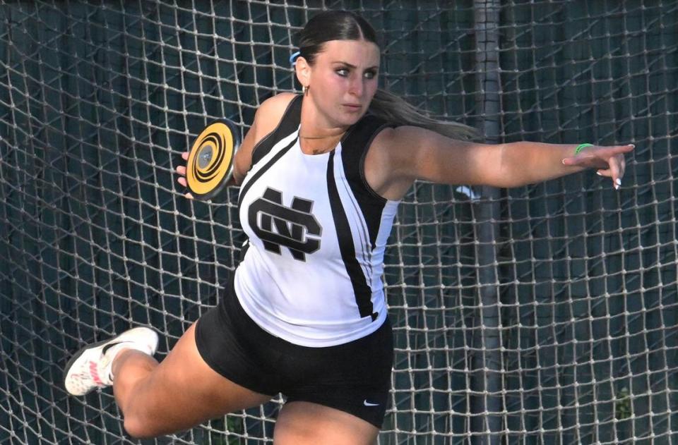 Clovis North’s Loie Madsen in the girls discus at the CIF Central Section Masters track and field meet, held at Veterans Memorial Stadium on Saturday, May 20, 2023 in Clovis.