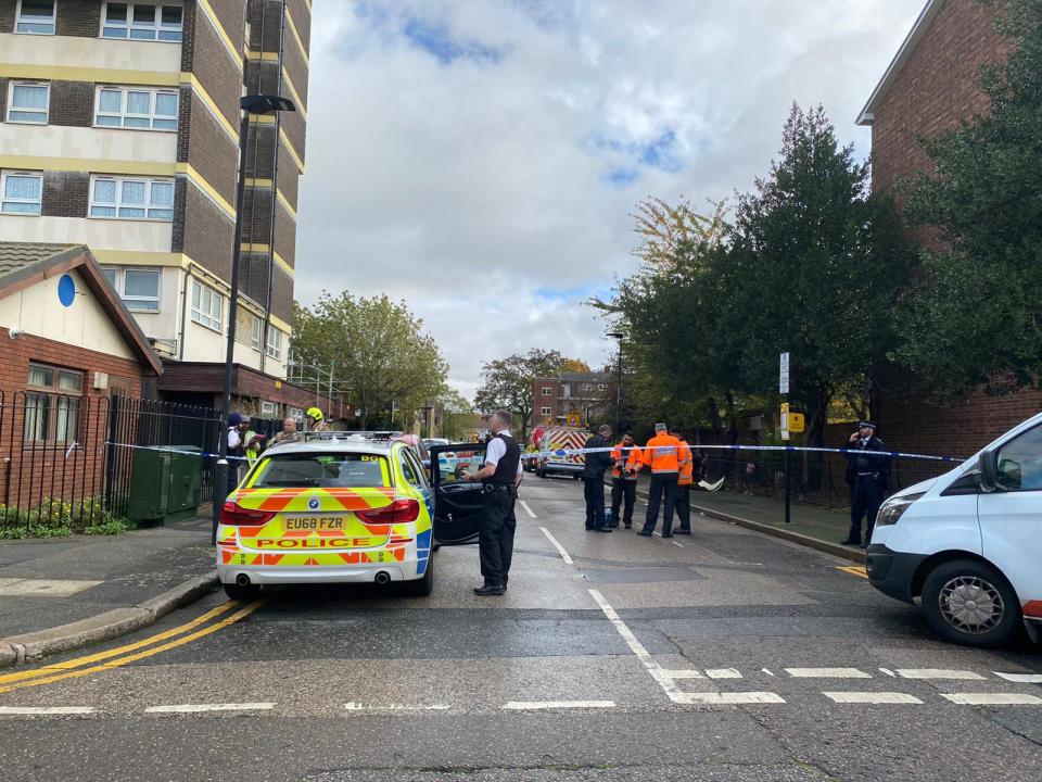 Emergency Services at the scene in Weddington Street in Stratford after a man died following a suspected gas explosion. (@999London)