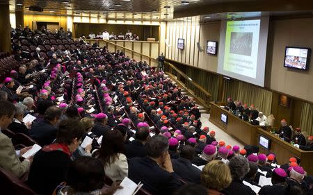 Pope Francis leads the synod of bishops in Paul VI's hall at the Vatican October 6, 2014. REUTERS/Claudio Peri/Pool