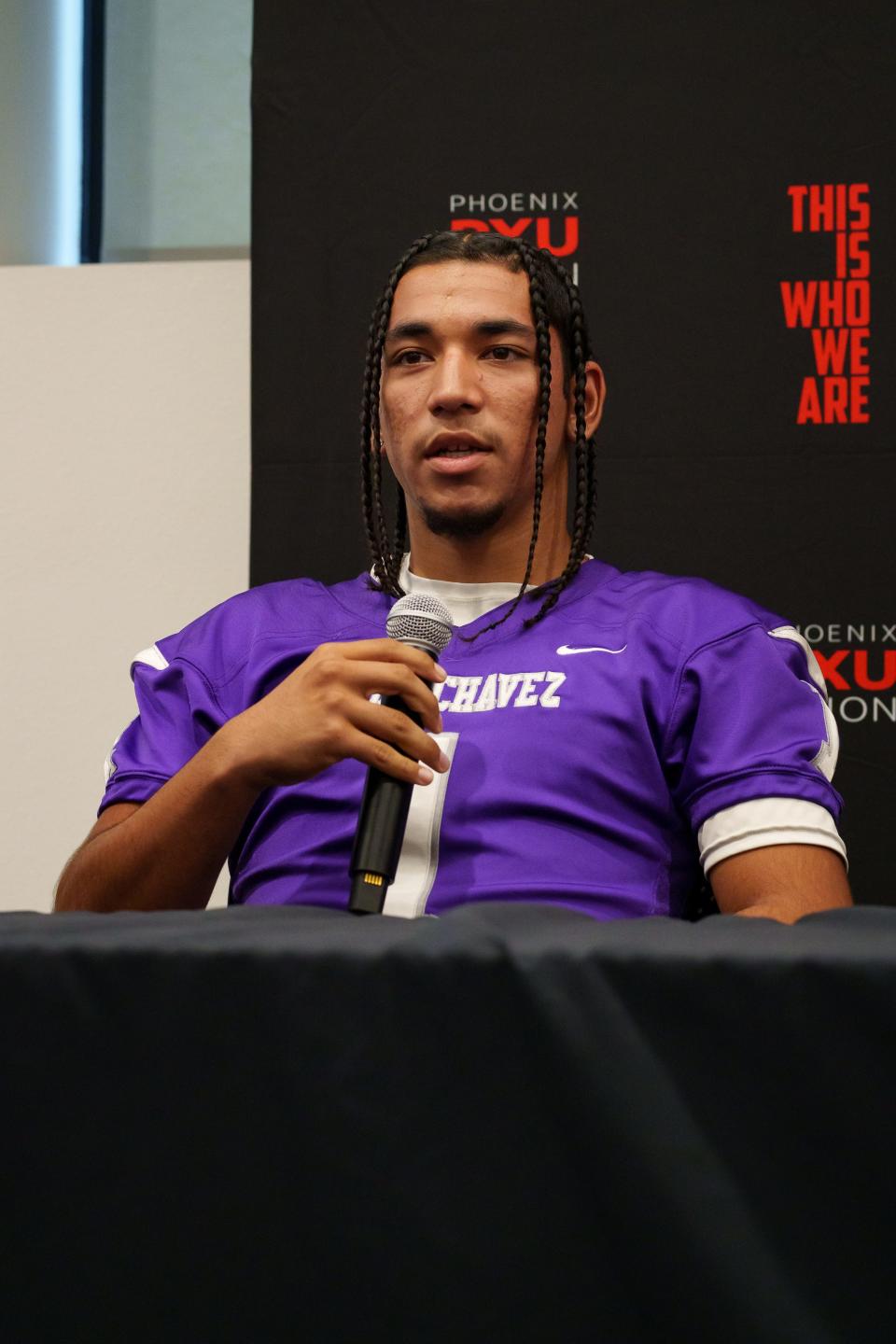 Cesar Chavez's Tyree Calderon speaks at Phoenix Union High School District Football Media day at the district building in Phoenix on Aug. 21, 2023.