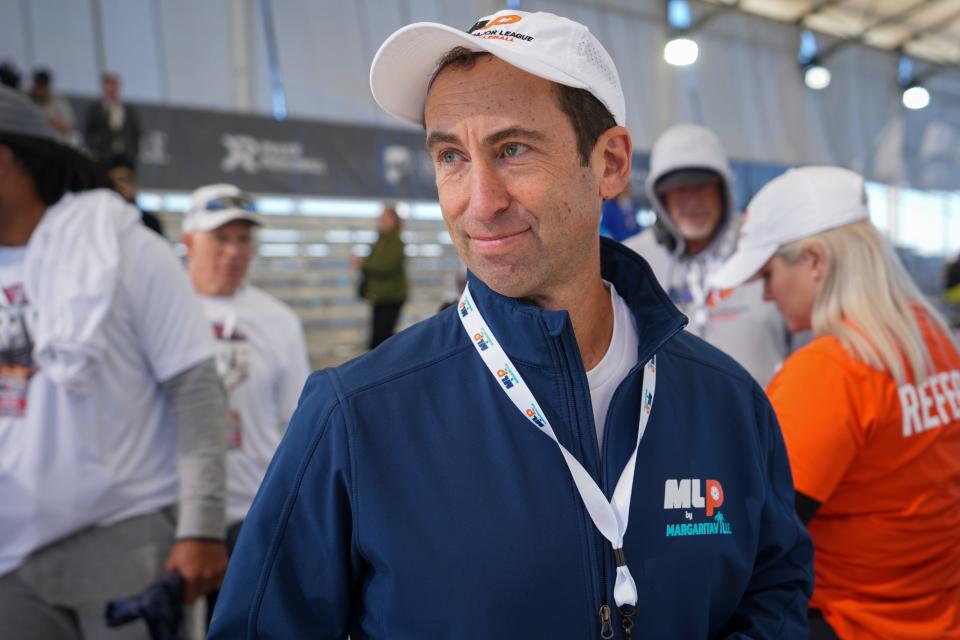 Brian Levine, interim CEO for Major League Pickleball, walks around the court after a game between AZ Drive and the Atlanta Bouncers during an MLP tournament at Bell Bank Park on Jan. 26, 2023, in Mesa.