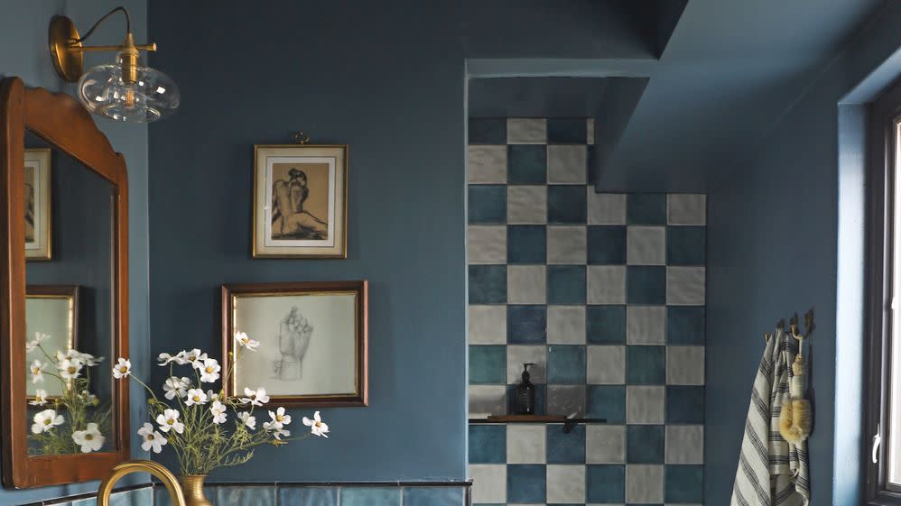 blue checkered bathroom designed by jenni yolo after