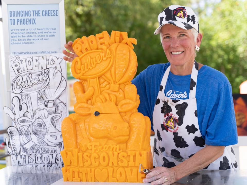 Sarah Kaufmann transforms blocks of cheese, mostly cheddar, into sculptures. Transforming cheese into works of art has been her full-time job since 2006. Called upon to carve cheese for celebrities and events (from state fairs to Super Bowls), Kaufmann carved sculptures at several Culver's food truck stops this summer including one in Phoenix.
