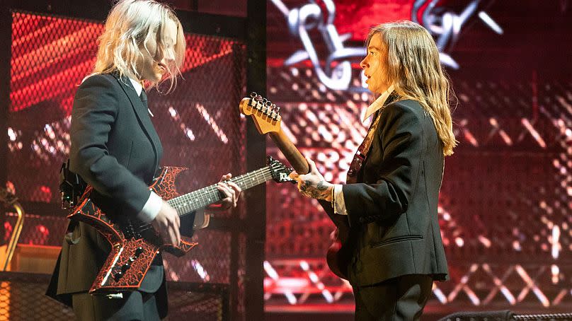 Phoebe Bridgers, left, and Julien Baker of Boygenius perform at the Coachella Music & Arts Festival at the Empire Polo Club on Saturday, April 15, 2023.