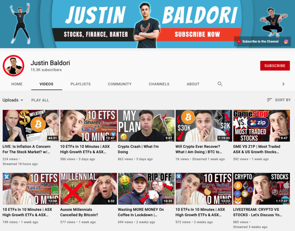 Justin Baldori has nearly 16,000 YouTube subscribers. (Source: YouTube/Yahoo Finance screenshot)