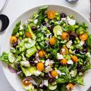 <p>Edamame adds protein to the classic Greek salad: romaine, tomatoes, cucumber, feta and olives. Serve with toasted pita brushed with olive oil and sprinkled with dried oregano or za'atar.</p> <p> <a href="https://www.eatingwell.com/recipe/257315/greek-salad-with-edamame/" rel="nofollow noopener" target="_blank" data-ylk="slk:View Recipe;elm:context_link;itc:0;sec:content-canvas" class="link ">View Recipe</a></p>