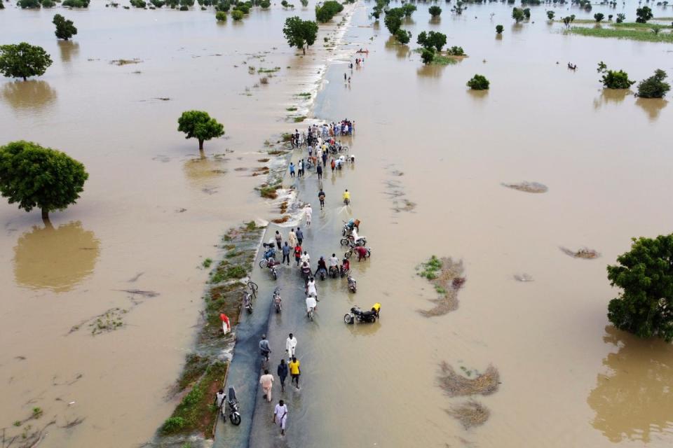 People walk through floodwaters after heavy rainfall in Hadejia, Nigeria in September 2022 (AP)