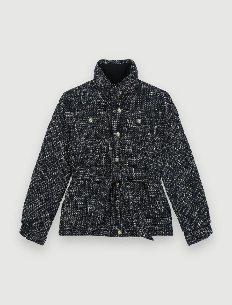 Belted Tweed-Style Down Jacket