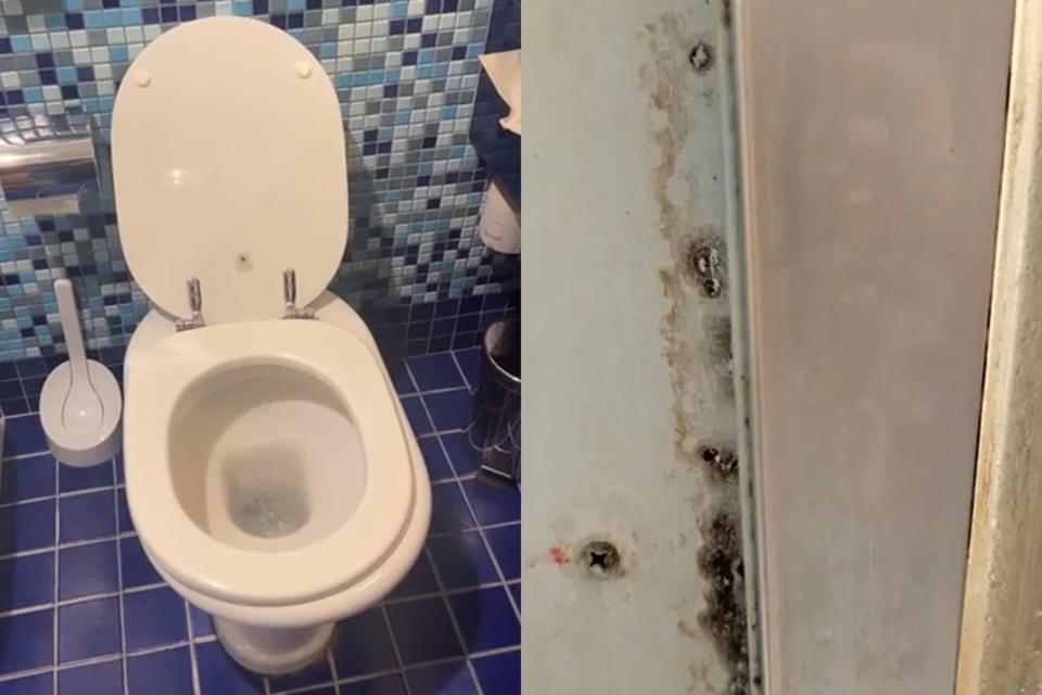 網友指出，他們住的飯店不僅馬桶水流不止，還有的浴室有發霉情況。（翻攝自Dcard）