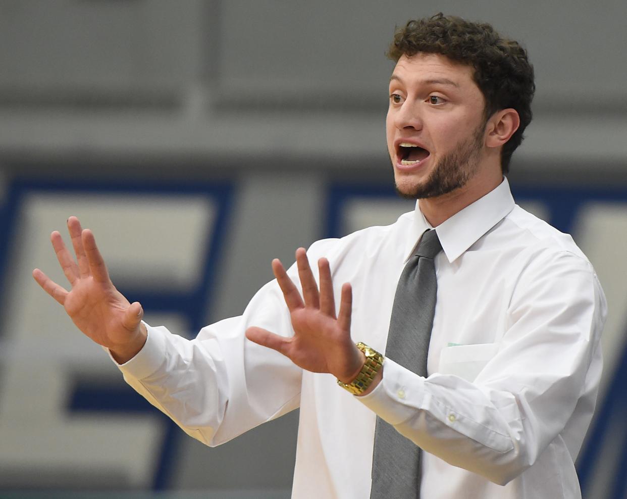 Blake DuDonis, shown coaching Gibraltar Carlson's girls basketball team during a game in 2016, is an assistant coach to his wife, Carly Thibault-DuDonis, at Fairfield, which will play Indiana in the NCAA Women's Basketball Tournament Saturday.