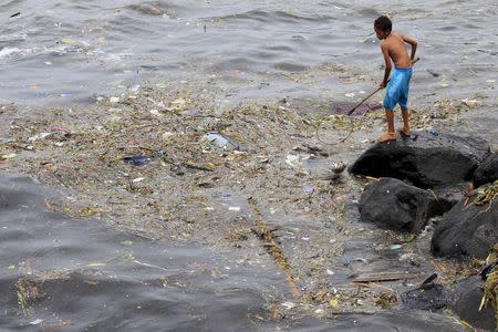 A boy uses a handmade fishnet to collect recyclable materials floating with the garbage washed at sea due to strong winds of Typhoon Goni, locally named as Ineng, at Manila bay August 22, 2015. REUTERS/Romeo Ranoco