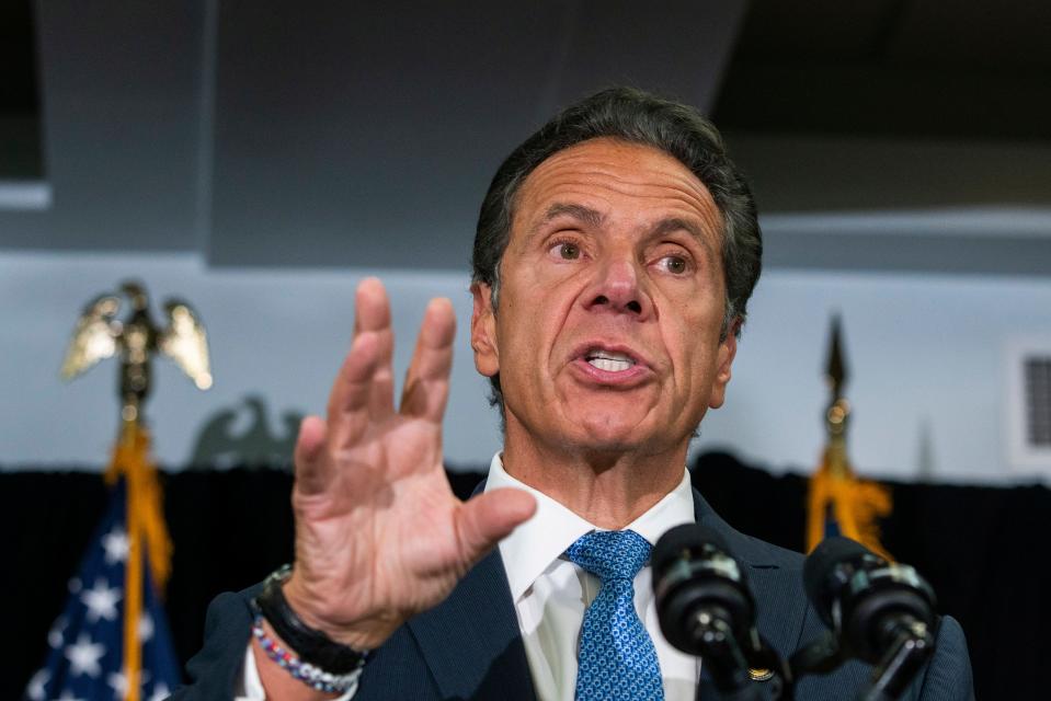 Gov. Andrew Cuomo, speaks to the media as he joins Brooklyn Borough President and New York City mayoral candidate Eric Adams during a news conference at Lenox Road Baptist Church in the Brooklyn borough of New York on Wednesday, July 14, 2021.