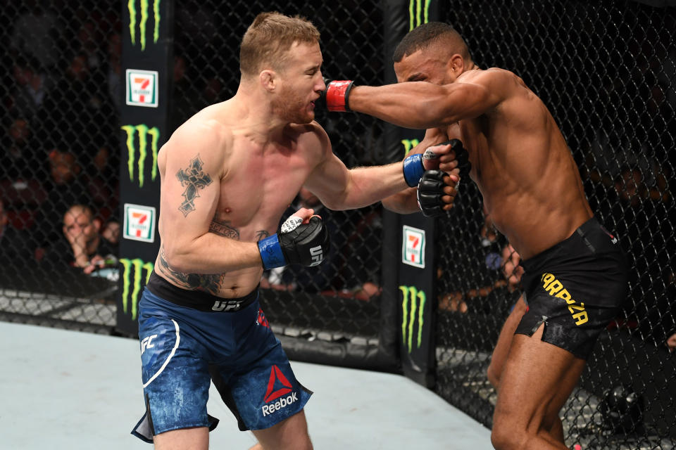 PHILADELPHIA, PA - MARCH 30:  (L-R) Justin Gaethje punches Edson Barboza of Brazil in their lightweight bout during the UFC Fight Night event at Wells Fargo Center on March 30, 2019 in Philadelphia, Pennsylvania. (Photo by Josh Hedges/Zuffa LLC/Zuffa LLC via Getty Images)