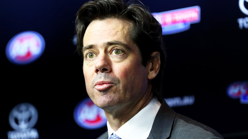 Gillon McLachlan, pictured here speaking to the media at AFL House in Melbourne.