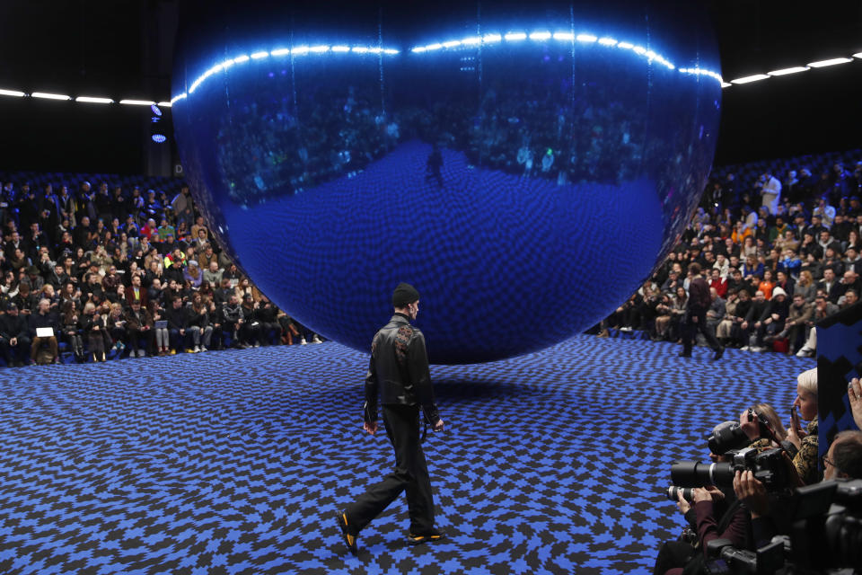 A model wears a creation as part of the Marcelo Burlon men's Fall-Winter 2020/21 collection, that was presented in Milan, Italy, Saturday, Jan. 11, 2020. (AP Photo/Antonio Calanni)