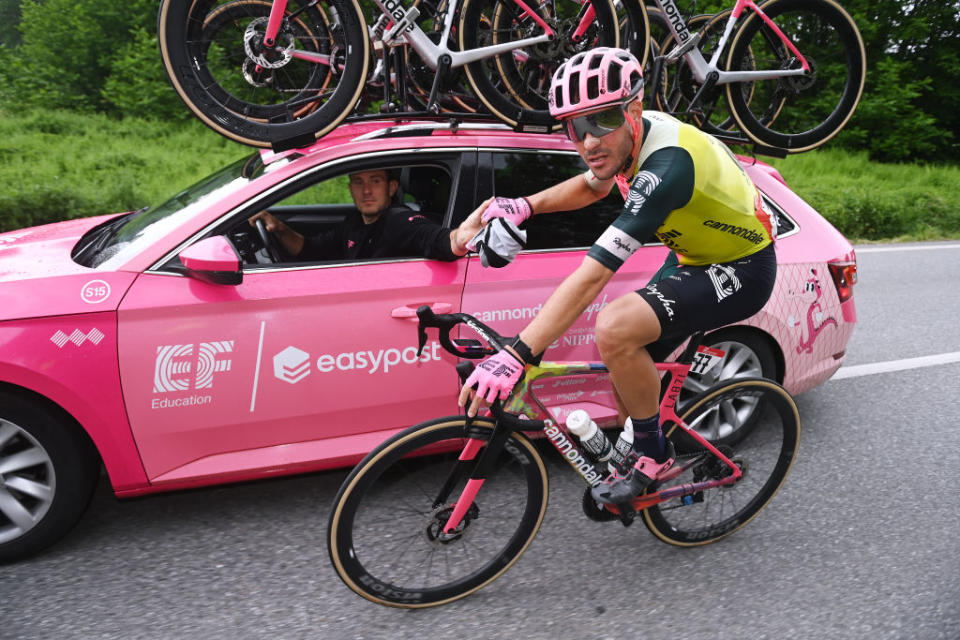 RIVOLI ITALY  MAY 18 Alberto Bettiol of Italy and Team EF EducationEasyPost assisted by by his sportsdirector Tejay van Garderen of the United States during the 106th Giro dItalia 2023 Stage 12 a 185km stage from Bra to Rivoli  UCIWT  on May 18 2023 in Rivoli Italy Photo by Tim de WaeleGetty Images