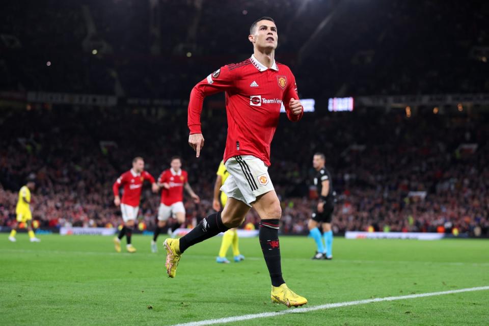 Cristiano Ronaldo celebrates after scoring Manchester United’s third goal (Getty Images)