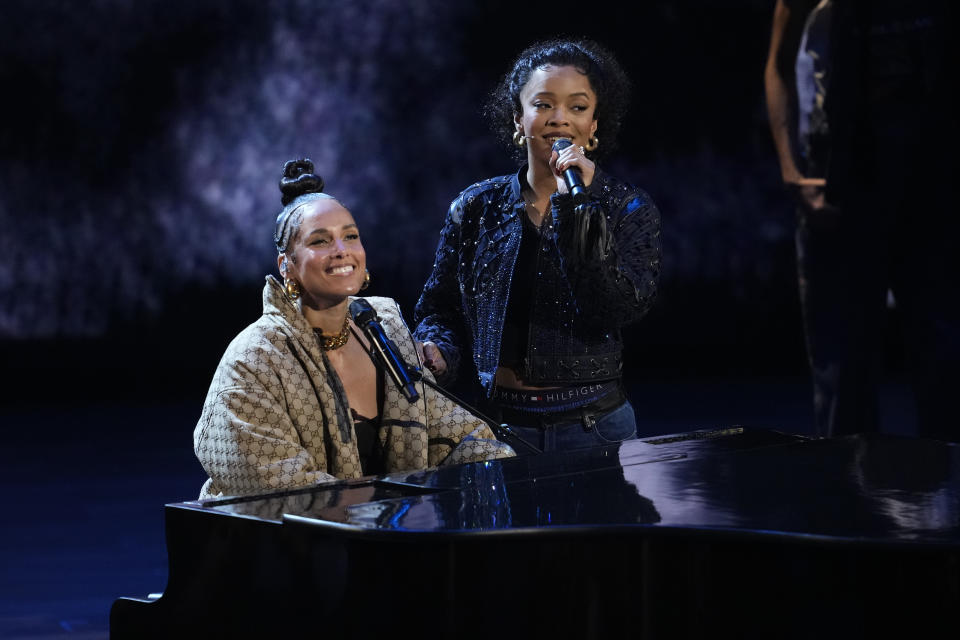 Alicia Keys, left, and 'Hell's Kitchen' cast member Maleah Joi Moon perform during the 77th Tony Awards on Sunday, June 16, 2024, in New York. (Photo by Charles Sykes/Invision/AP)