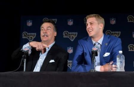 Apr 29, 2016; Los Angeles, CA, USA; Los Angeles Rams coach Jeff Fisher (left) and quarterback Jared Goff at press conference at Courtyard L.A. Live to introduce Goff as the No. 1 pick in the 2016 NFL Draft. Mandatory Credit: Kirby Lee-USA TODAY Sports