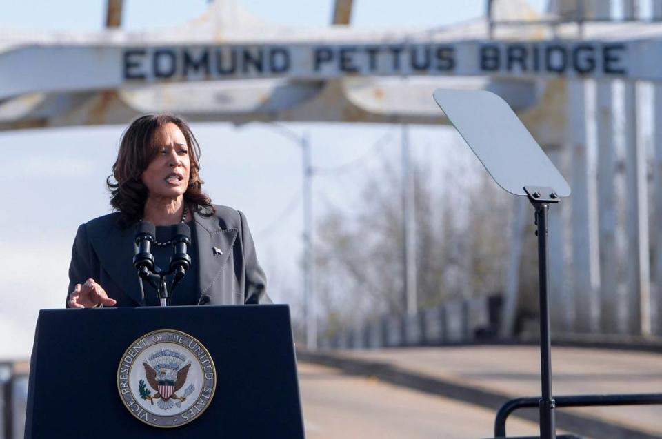 Vice President Kamala Harris speaks at the foot of the Edmund Pettus Bridge in Selma, Ala., on March 3 for the 59th anniversary celebration of the Bloody Sunday March. Some voters of color are skeptical of her record as a prosecutor. 