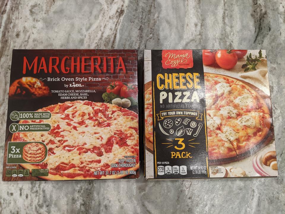 boxes of aldi and lidl cheese pizzas