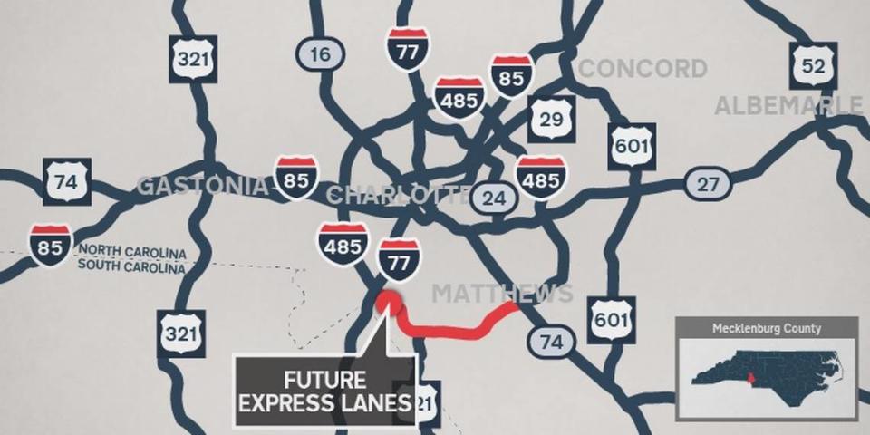 The I-485 Express Lanes project will add one toll lane in each direction between I-77 and Independence Boulevard. The Ballantyne Commons Parkway bridge widening, new Weddington Road interchange and John Street interchange improvements are being done at the same time.​