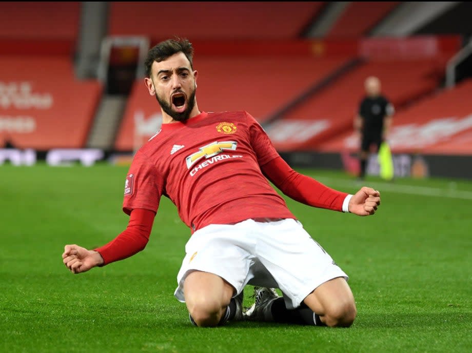 Bruno Fernandes celebrates his winnerThe FA via Getty Images