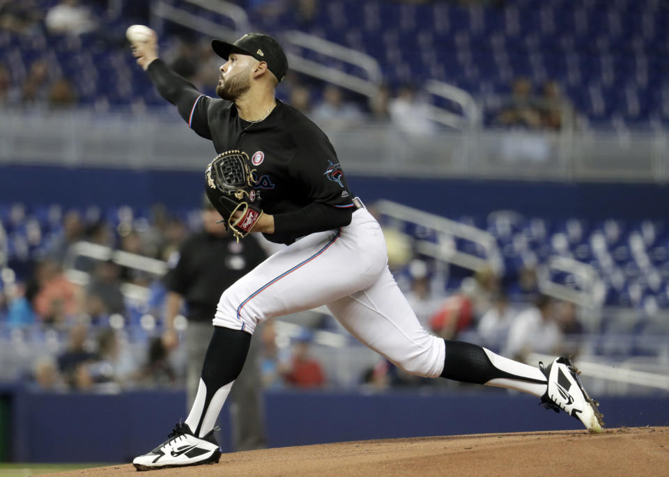 Miami Marlins starting pitcher Pablo Lopez throws in the first inning during a baseball game against the New York Mets, Saturday, May 18, 2019, in Miami. (AP Photo/Lynne Sladky)